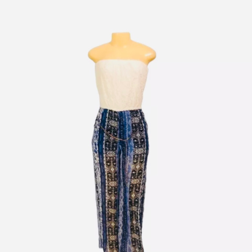 New! Iris Basic Women Romper Sz M Laced Up Top White Blue